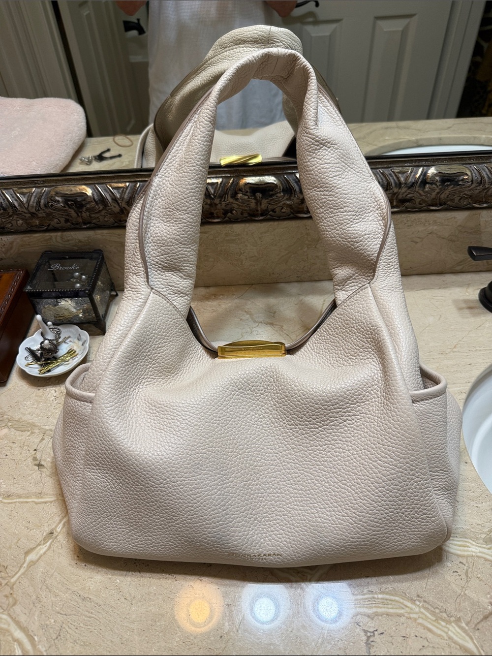 Donna Karan Cream Pebbled Leather Shoulder Bag with Gold Accent